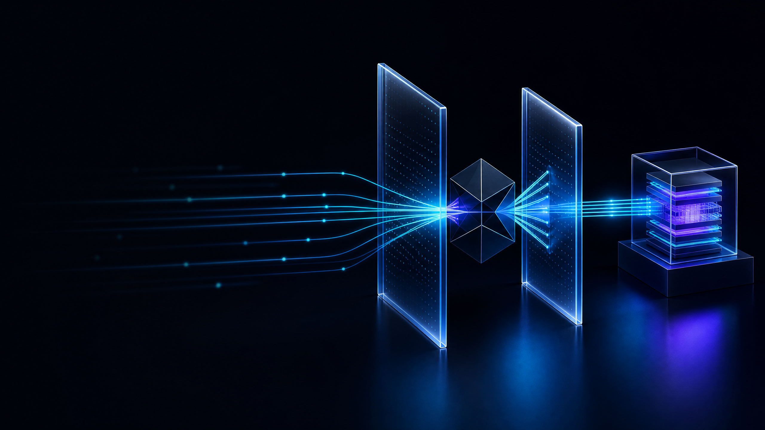 Cyan request lines pass through two luminous gateway planes before reaching a protected application stack.
