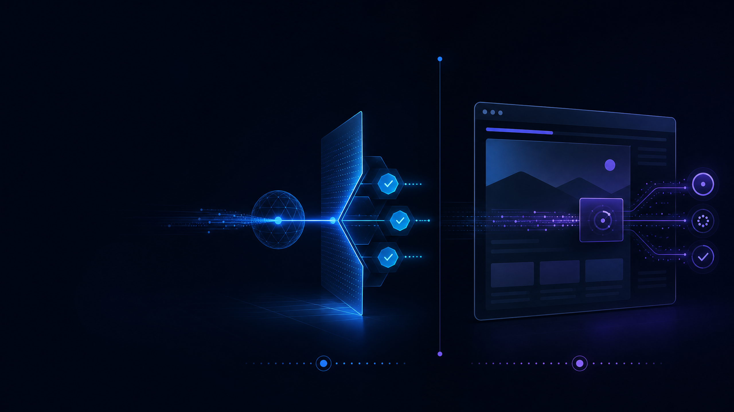 A blue edge gateway evaluates a request before a violet browser-side signal continues through a web page.