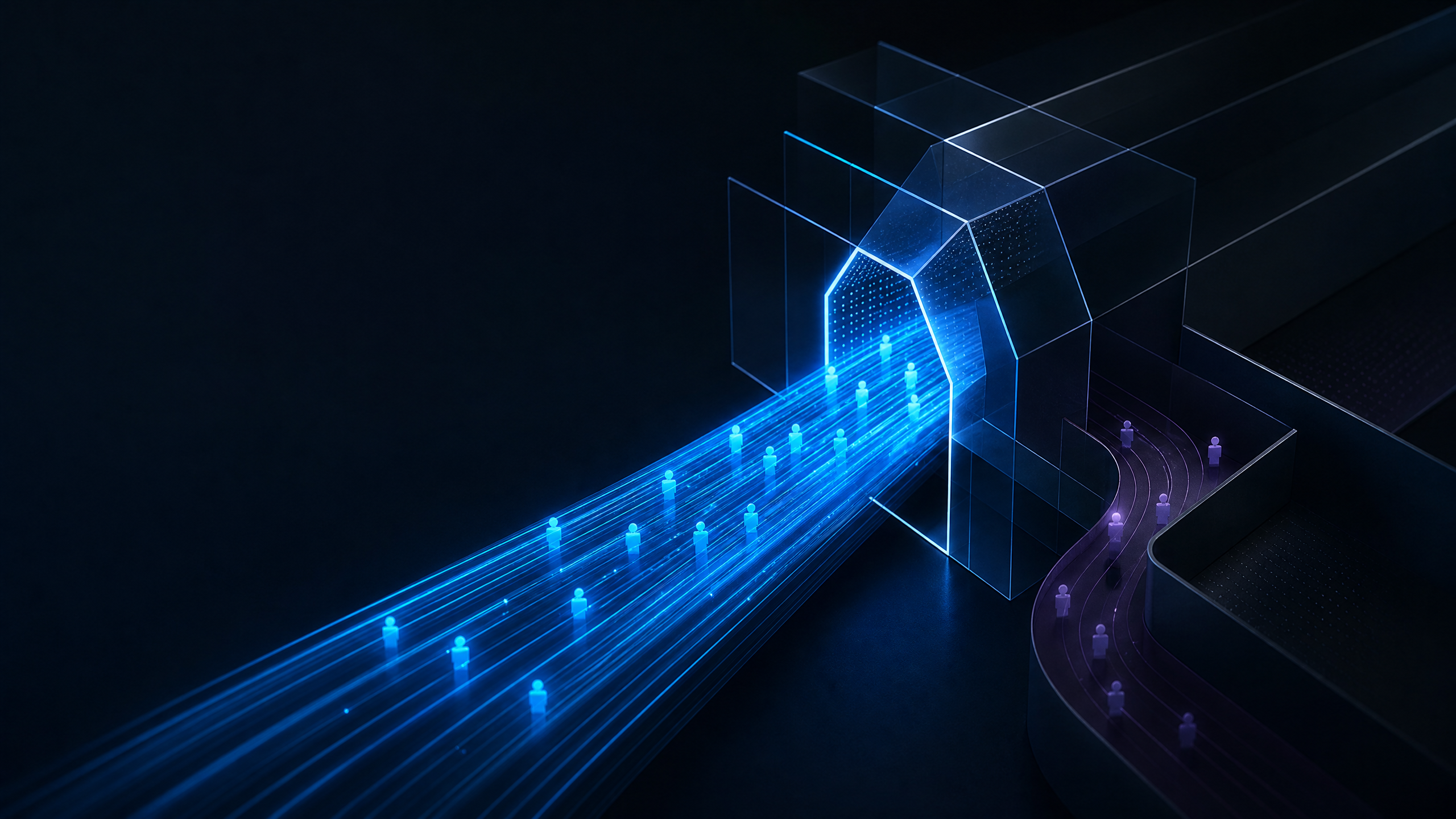 Blue visitor traffic passes through a geometric gateway while a violet side path separates uncertain traffic.